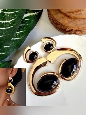 2/$30🌵 Gold Swirl Black Stone 90’s Earrings Chunky Large Jewelry Gift NEW